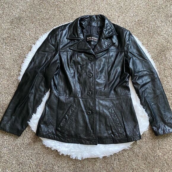 Wilson’s Leather Jacket Soft Button Down Pockets Lined Black Women’s Size Large - Picture 1 of 10